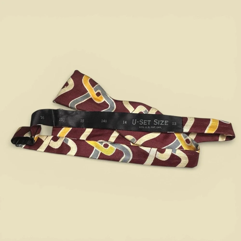 Vintage U-SET SIZE Mens Bowtie Burgundy Yellow Abstract Geometric Self Tie 13-16